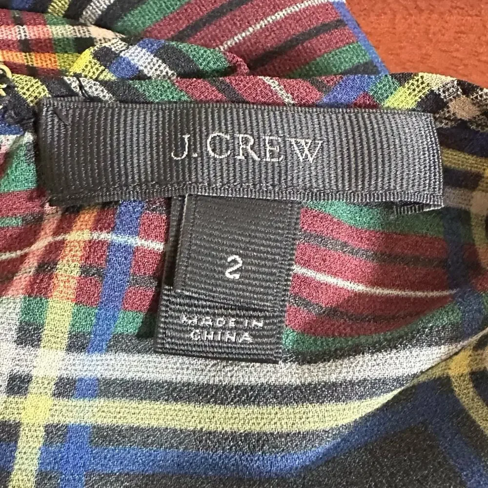 J Crew Edie Stewart Plaid Ruffle Top Black Red Green SIZE 2 Blouse Tartan Top